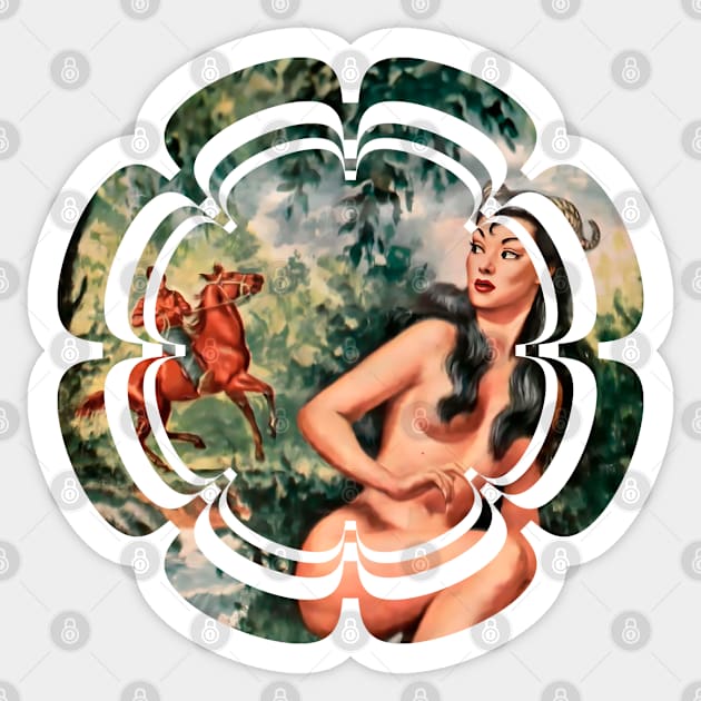 beautiful mythological girl in the forest looking at a rider on horseback Sticker by REVISTANGO